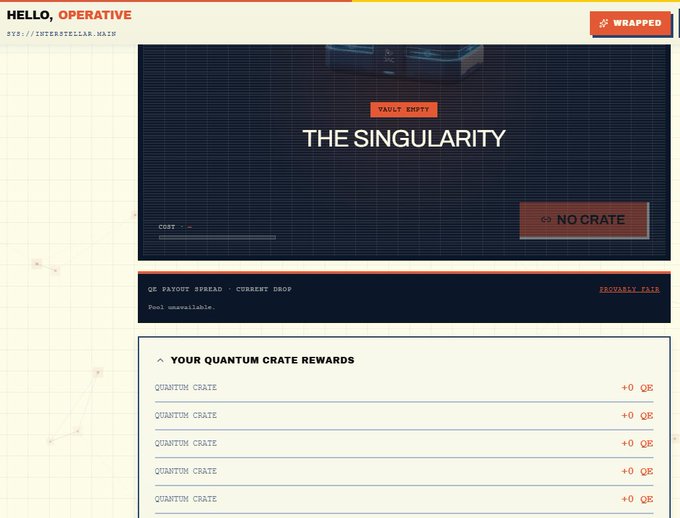 A retro-styled “HELLO, OPERATIVE” webpage for “THE SINGULARITY,” featuring “VAULT EMPTY,” “NO CRATE,” and a “YOUR QUANTUM CRATE REWARDS” list showing “+0 QR.”