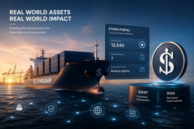 A promotional graphic titled 'REAL WORLD ASSETS REAL WORLD IMPACT' advertising tokenized maritime assets, featuring a cargo ship named 'ETHRASHIP' and an 'ETHRA PORTAL' dashboard showing 12,540 Ethra Points.