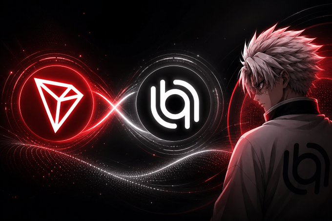An anime-style illustration showing a white-haired character from behind looking at two glowing logos (a red diamond/triangle shape and a white circular emblem) against a dark background.