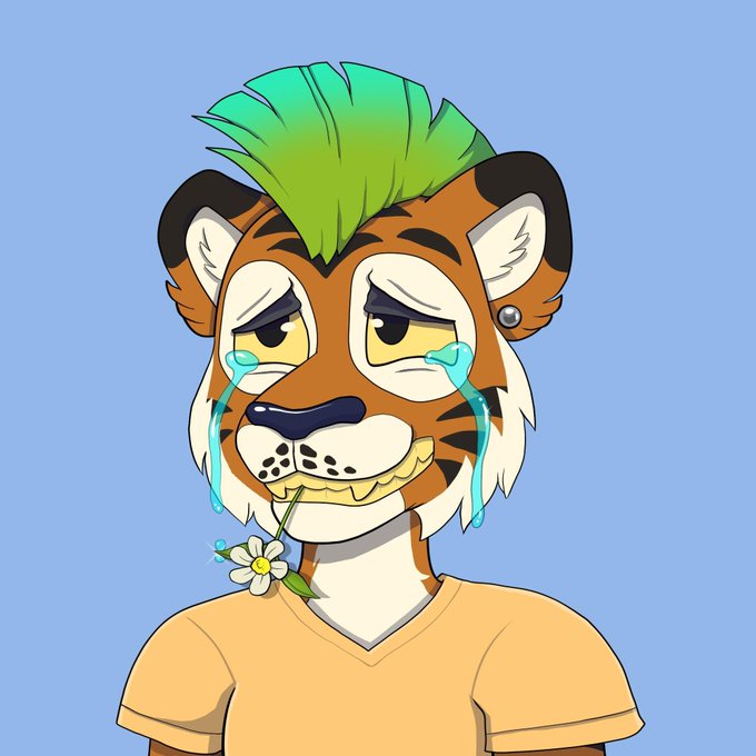 A cartoon illustration of an anthropomorphic tiger character with a green mohawk, crying tears while holding a small white flower in its mouth, set against a light blue background.
