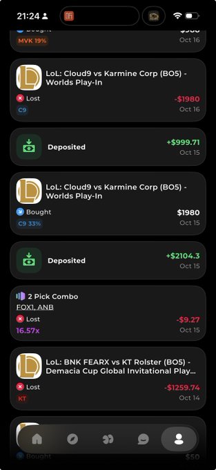 A sports-betting app shows entries including “LoL: Cloud9 vs Karmine Corp (BOS) - Worlds Play-In,” “Deposited,” “2 Pick Combo FOXL.ANB,” and “LoL: BNK FEARX vs KT Rolster (BOS),” with wins and losses in dollars.
