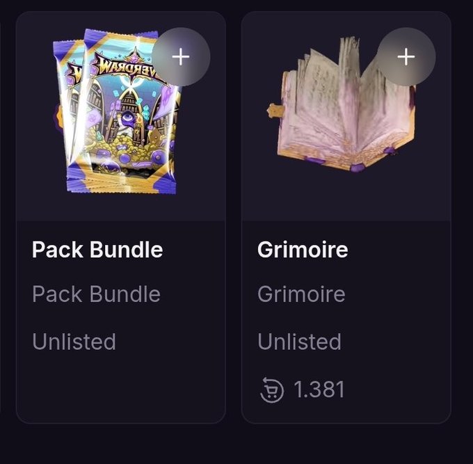 A marketplace listing showing a "Pack Bundle" (stack of Warchief cards) and a "Grimoire" (open book) priced at 1.381 ETH, both marked as Unlisted.