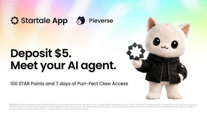 A promotional banner for Startale App and Pieverse featuring a white cat mascot in a leather jacket holding a star emblem, with text reading 'Deposit $5. Meet your AI agent. 100 STAR Points and 7 days of Purr-fect Claw Access'.