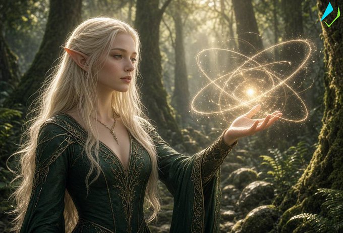A digital artwork of an elf-like woman with long blonde hair in a green dress holding a glowing, intricate magical sphere in a forest setting.