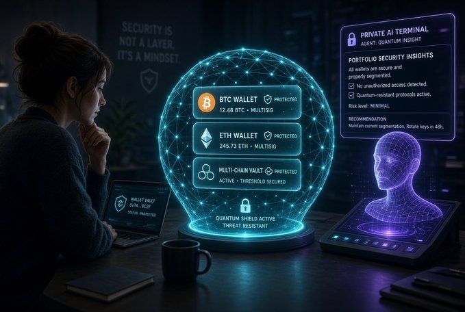A futuristic digital illustration showing a person working at a computer with a glowing holographic display protecting BTC, ETH, and Multi-Chain Vaults, labeled 'PRIVATE AI TERMINAL' and 'AGENT: QUANTUM INSIGHT' with 'SECURITY IS NOT A LAYER. IT'S A MINDSET.' in the background.