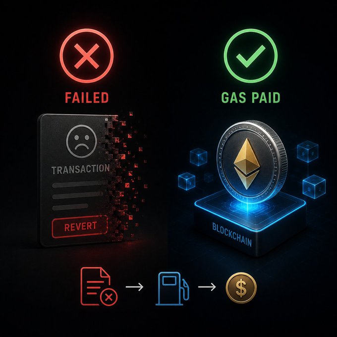 An infographic illustrating a failed Ethereum transaction: a red 'FAILED' icon with a cracked 'TRANSACTION' card on the left, and a green 'GAS PAID' icon with an Ethereum coin on a 'BLOCKCHAIN' pedestal on the right, with arrows showing document to gas pump to dollar coin.