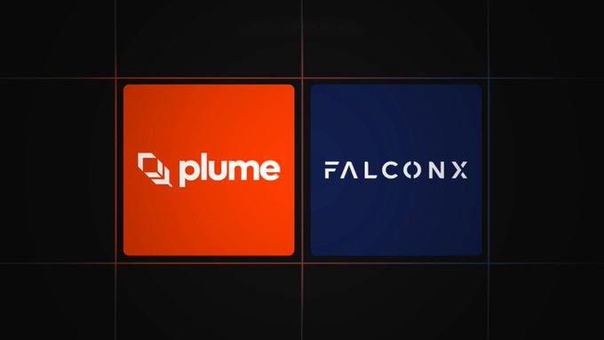 Two side-by-side brand logos on a black background: an orange square for 'plume' and a dark blue square for 'FALCONX'.