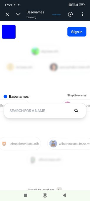 The image shows an open smartphone screen displaying a search bar with a "Basenames" field, suggesting that the user might be searching for information related to Basename names or social media platforms like Facebook. The text in the image also mentions a post about Basename fields and renewal of the address base ecosystem, which could be related to the discussion on Basename names.