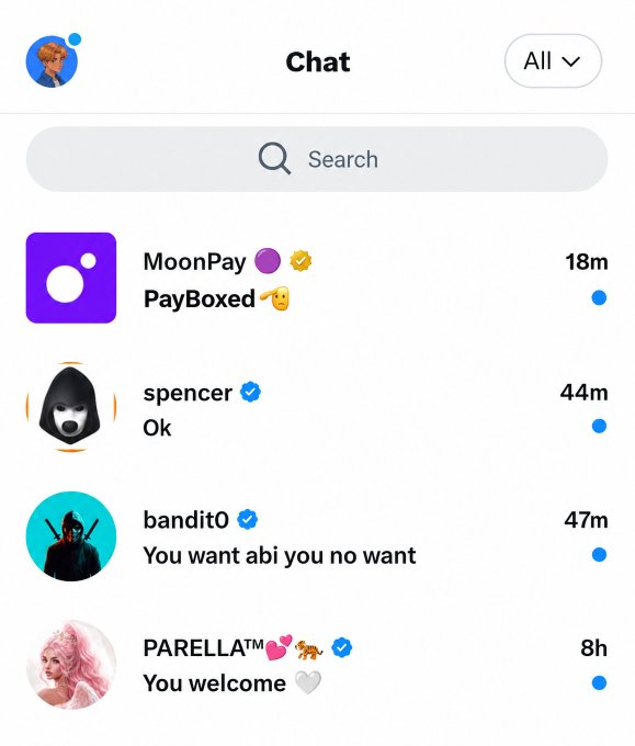 A mobile chat interface screenshot showing recent messages from users MoonPay, spencer, bandit0, and PARELLA™ with unread notifications marked by blue dots.