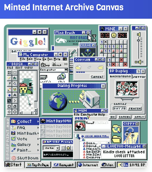 The image features a collection of old computer screens, including a monitor with a chat window open, an error message, and other screens displaying various icons. The text "Minted Internet Archive Canvas" suggests that this is a digital art project created by multiple artists who have contributed to the creation of these screens. The post also mentions that there are hundreds of pixel artists working on it, which indicates its popularity among the artist community.