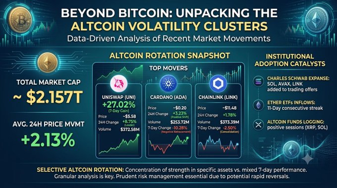 Financial infographic titled 'BEYOND BITCOIN: UNPACKING THE ALTCOIN VOLATILITY CLUSTERS' showing Total Market Cap ~$2.157T, +2.13% avg 24H price movement, and top movers UNISWAP +27.02%, CARDANO +3.50%, CHAINLINK +1.78%, with institutional catalysts including Charles Schwab expansion and Ether ETF inflows.