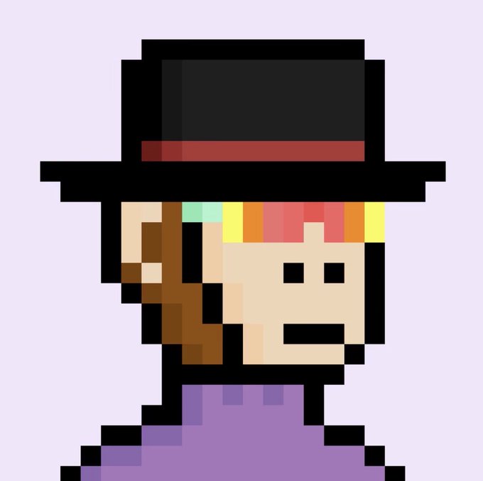 A pixel art portrait of a character with brown hair wearing a black top hat with a red band and a purple shirt.