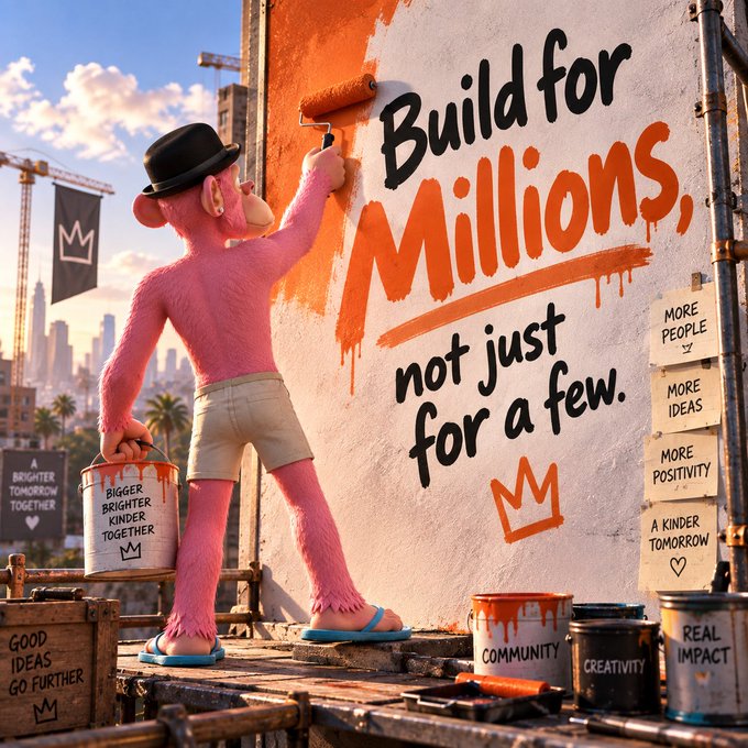 A pink, furry character wearing a black hat paints 'Build for Millions, not just for a few.' on a wall, with paint cans labeled 'COMMUNITY', 'CREATIVITY', and 'REAL IMPACT' nearby.