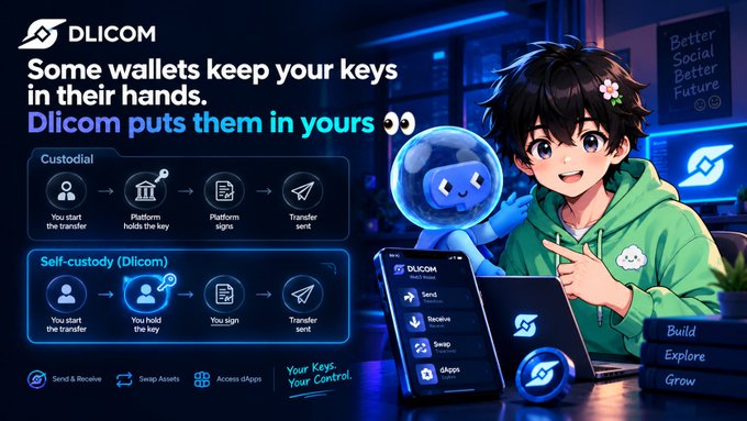 A Dlicom advertisement showing an anime-style character beside the text "Some wallets keep your keys in their hands. Dlicom puts them in yours," illustrating custodial vs. self-custody flows.