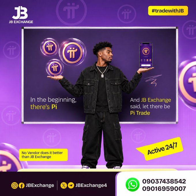 A promotional advertisement for 'JB EXCHANGE' featuring a young man balancing Pi cryptocurrency tokens and a smartphone, with the text 'In the beginning, there's Pi' and 'JB Exchange said, let there be Pi Trade', alongside contact info '09037438542' and '09016959007'.