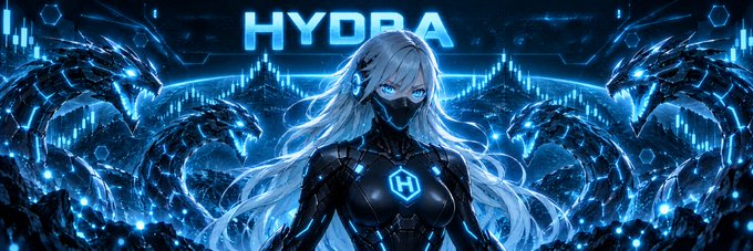 The image shows an anime-style female character with white hair in a futuristic black suit, flanked by glowing blue serpentine creatures, with "HYDRA" displayed prominently at the top and an "H" emblem on her chest. This banner matches the community-submitted artwork for the Solana token $HYDRA on Moby, fitting its mythic multi-headed theme with a cyberpunk aesthetic.