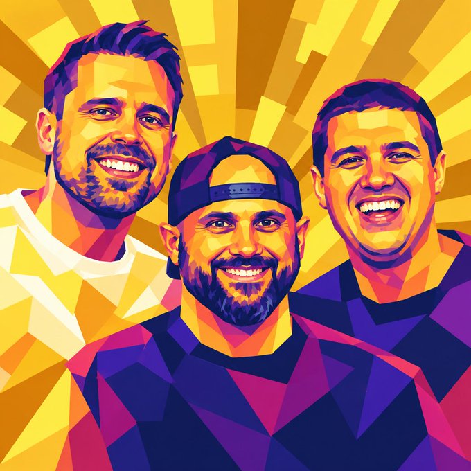 A vibrant, pop-art style illustration of three smiling men against a yellow sunburst background.