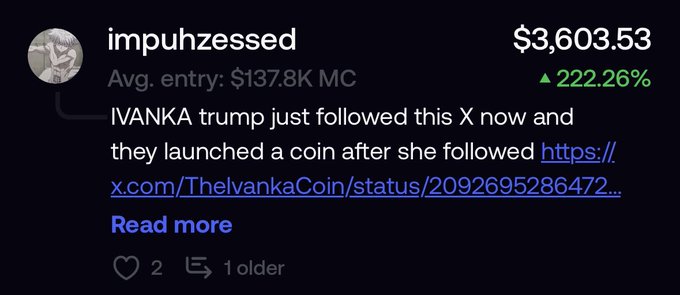 A screenshot shows a user "impuhzessed" with a portfolio display of "$3,603.53" and "222.26%" gain, where they promote a coin launched after Ivanka Trump followed an X account, linking to "TheIvankaCoin/status/2092695286472..." This directly contradicts the post's claim that "all the lying in the world won't save this guy's memecoin portfolio," as the image actually shows a significantly profitable memecoin gain rather than losses.