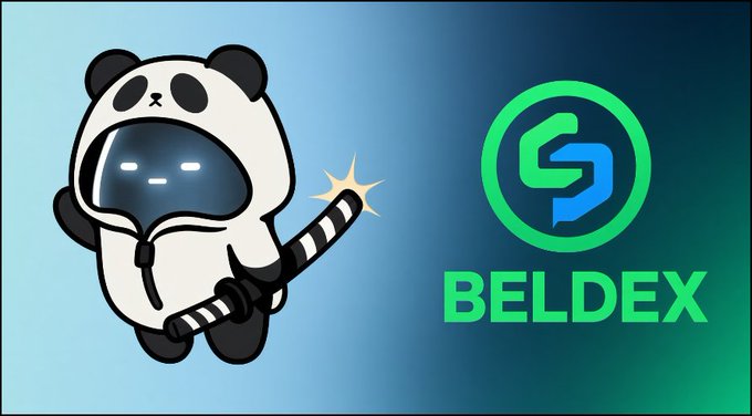 Promotional graphic for "BELDEX" cryptocurrency featuring a cartoon panda mascot holding a striped wand against a blue-green gradient background.