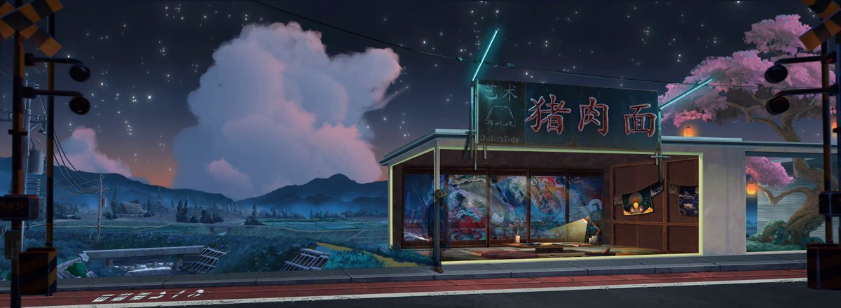 The image features a large, colorful mural of an anime-style building with neon lights that are lit up at night. The building has a sign that says "let me repeat myself" written on it. The scene takes place near a train station or subway platform, and there is a boat in the foreground. The background includes mountains under a dark sky, adding to the overall atmosphere of the image. The post also mentions a mint-like substance called "burn mechanism", which could be related to the neon lights or another element within the scene.