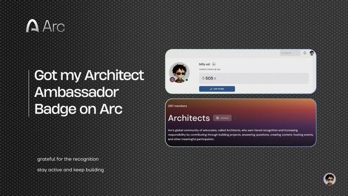The image shows an architect's badge page from the app "Arc". The badge has a picture of an architect with their name displayed below it. The text on the badge reads "Get my Architect Assistant Badge on Arc", indicating that users can earn badges for their achievements in the app.