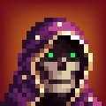 A pixel art illustration features a hooded figure with a skull-like face and glowing green eyes set against a dark, fiery background, conveying a mysterious and ominous tone that complements the post's invitation to explore an unfolding "GU stories" narrative by @ekibtc.