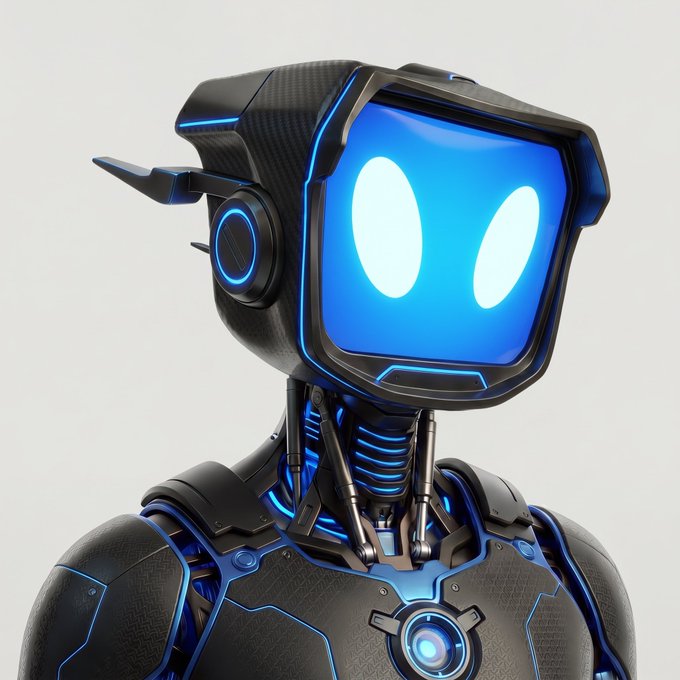 A 3D render of a futuristic robot with a blue screen face displaying two oval eyes, black carbon fiber body, and blue glowing accents.