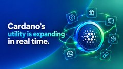 A promotional graphic stating 'Cardano's utility is expanding in real time' alongside the Cardano logo and various ecosystem icons.