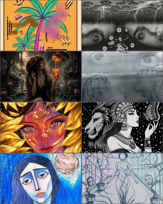 The image features a collection of nine different artworks, each with its own unique style and subject matter. These artworks are arranged in a grid format, showcasing various themes such as women's faces, animals, and landscapes. The artworks vary in size and color, adding visual interest to the display. The post appears to be about collecting artwork or discussing the different styles of the artists featured.