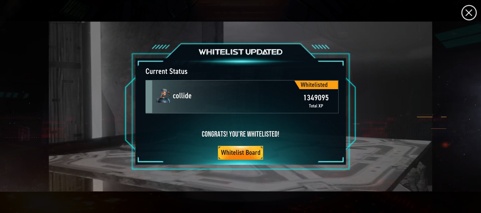A video game interface displays a 'WHITELIST UPDATED' notification showing a user named 'collide' with 1349095 Total XP and a message saying 'CONGRATS! YOU'RE WHITELISTED!'.