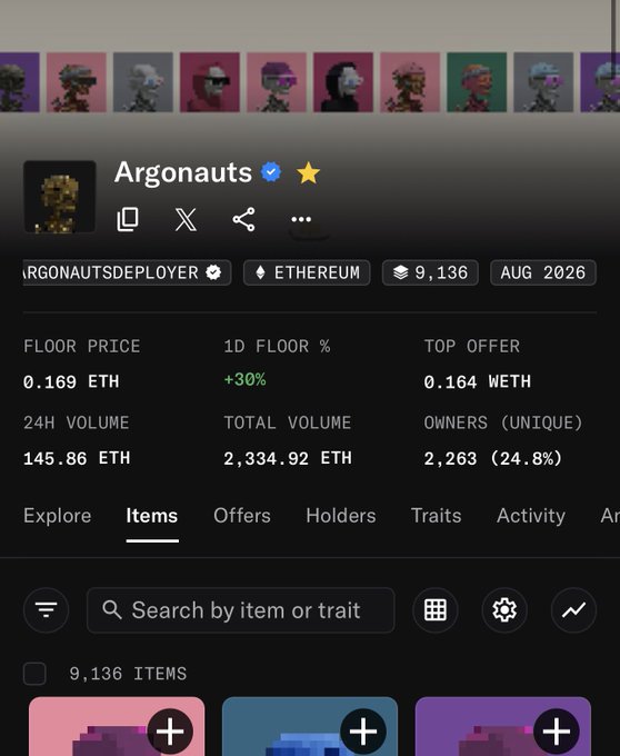 Screenshot of the Argonauts NFT collection on OpenSea showing a floor price of 0.169 ETH, 24H volume of 145.86 ETH, and 9,136 items.