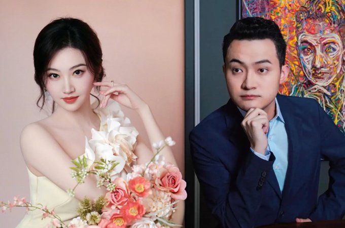 A split image showing a young woman in a yellow dress holding flowers on the left and a man in a blue suit in front of a colorful painting on the right.