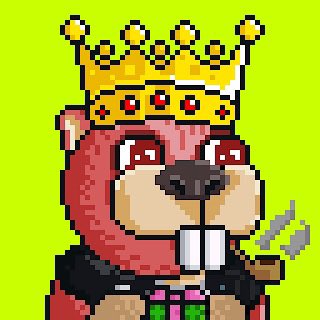 Pixel art of a crowned beaver holding a pitchfork against a bright green background.