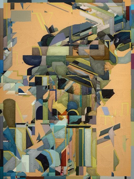 An abstract painting featuring a fragmented, cubist-style portrait composed of geometric shapes in muted earth tones, blues, greens, and yellows.