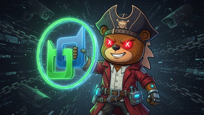 A pirate-themed bear mascot with glowing red "X" eyes holds a glowing green and blue "d" logo, set against a dark cyber background filled with surveillance cameras and chains—visually reinforcing Beldex's message about escaping online tracking and reclaiming private browsing in 2026.