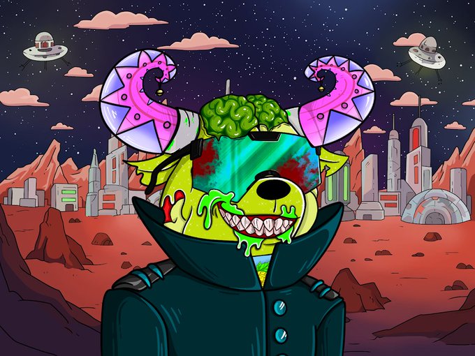 A cartoon character with a green brain exposed, glowing pink horns, VR goggles, and a menacing grin stands before a futuristic alien cityscape with UFOs.