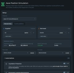 A screenshot of the 'Axios Plaidtown Simulation' trading platform showing setup options, coin selection, and performance predictions.