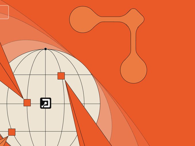 An abstract orange-and-cream illustration shows a stylized globe grid with red triangular shapes, red square markers, a black-and-white AI icon, and an orange bone-like network symbol. The post discusses autonomous agents completing tasks and payment when agents disagree on whether a job was done correctly.