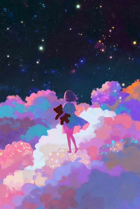 A whimsical digital artwork depicting a girl in a white dress holding a teddy bear while standing on pastel pink and purple clouds beneath a starry night sky filled with colorful stars.