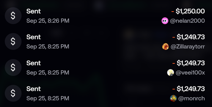 The image shows a transaction history displaying four "Sent" payments on Sep 25 between 8:25-8:26 PM, with amounts of $1,250.00 to @nelan2000 and three payments of $1,249.73 to @Zillaraytorr, @veei100x, and @monrch. This visually corresponds to the post's announcement of winners (@nelanontwtt, @veei100x, @Zillaraytorr, @M0narchPrime) receiving payouts, confirming the prize distribution.