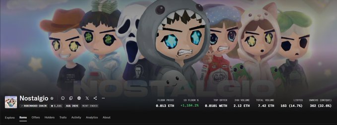 Banner for the 'Nostalgia' Homiewood token with cartoon chibi characters in hoodies, showing stats including 0.013 ETH floor price and 1,181 listed items.