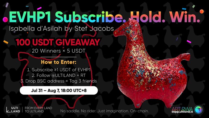 A vibrant promotional graphic for an EVHP1 crypto token giveaway, featuring a glittering red horse sculpture titled "Isabella d'Asilah" by Belgian artist Stef Jacobs, alongside instructions to subscribe ≥1 USDT of EVHP1 for a chance to win from a 100 USDT prize pool split among 20 winners during the July 31 – August 7 window.