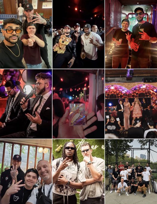 A nine-panel photo collage showing various people posing together at events, concerts, and gatherings, many wearing caps and making hand gestures.