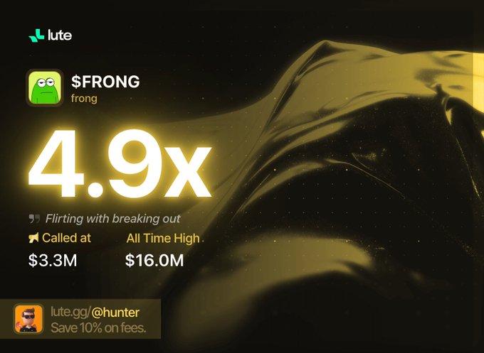 A digital interface displays '$FRONG' with a 4.9x multiplier, noting 'Flirting with breaking out,' called at $3.3M, and an All Time High of $16.0M.