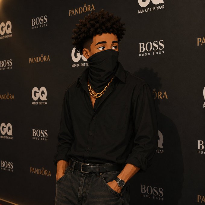 The image features a man wearing a black shirt and a face mask or bandana covering his mouth while standing against a backdrop of logos for brands such as GQ Magazine, Pandora, and Boss. The man appears to be posing for a photo, possibly at an event related to these brands. The post seems to discuss the importance of adoption in sustaining ecosystems, with a focus on the role of users staying active online and creators contributing to it through their content creation.