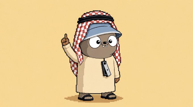 A cartoon illustration of a cute brown creature wearing a keffiyeh (red and white checkered headscarf), a sun visor, a beige robe, and sandals, pointing upward with one finger against a yellow background.