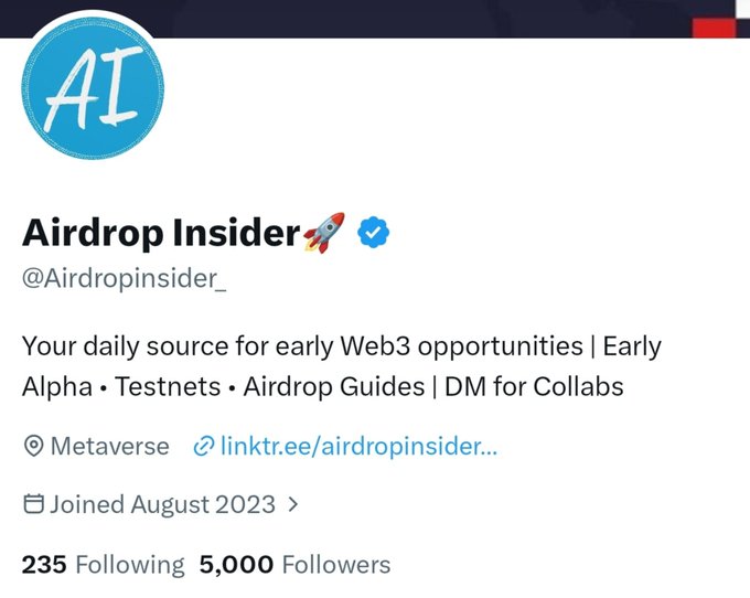 A Twitter profile for 'Airdrop Insider 🚀 (@Airdropinsider_)' describing itself as a daily source for Web3 opportunities, joined August 2023, with 5,000 followers.