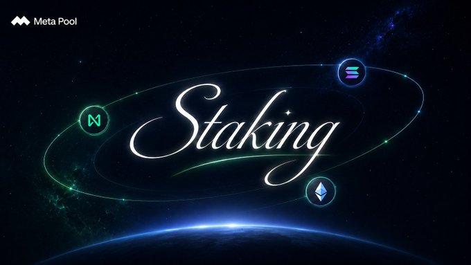 A Meta Pool promotional graphic with the word 'Staking' in elegant script set against a space backdrop, featuring orbiting icons for Solana, NEAR, and Ethereum.