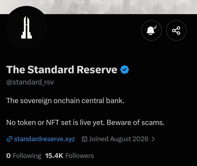 Twitter/X profile for 'The Standard Reserve' (@standard_rsv), described as 'The sovereign onchain central bank,' with 15.4K followers.