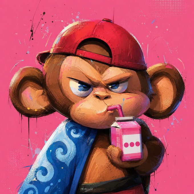 A stylized illustration of a fierce monkey wearing a red cap and blue cape, drinking from a pink juice box against a pink background.